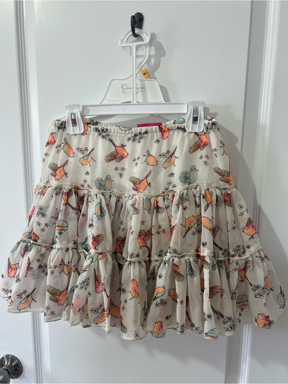 Tiered Cream Skirt with Pastel Bird Print